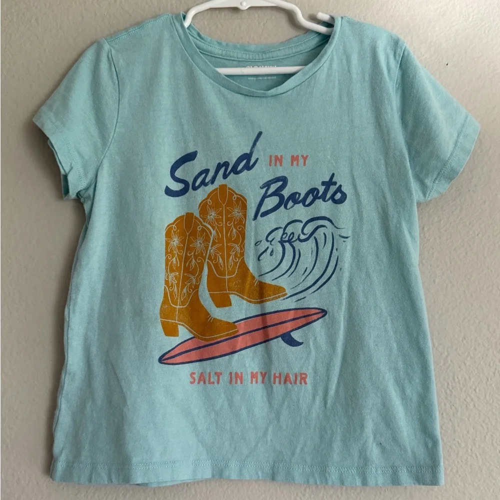Old Navy Light Teal Short Sleeve Tee with Yellow Boots Surf Graphic